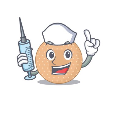 Yuvarlak sargılı hemşire maskotu dizaynı ve şırıngası var. Vektör illüstrasyonu