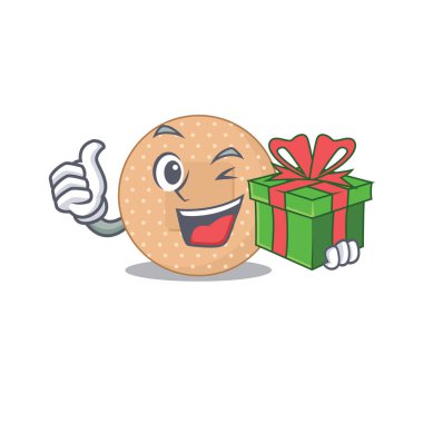 Yuvarlak sargı bezi çizgi film karakteri konsepti ve büyük bir hediye kutusu. Vektör illüstrasyonu