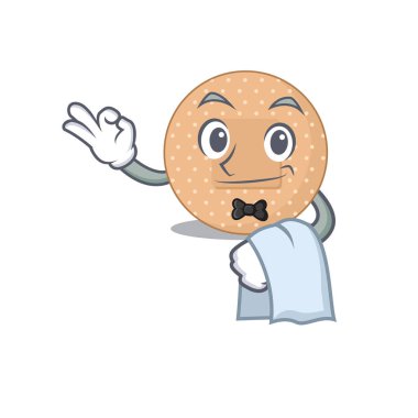 Beyaz peçeteli bir garson olarak yuvarlak bandajlı bir karikatür tasarımı. Vektör illüstrasyonu