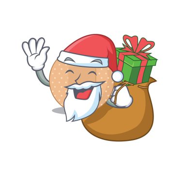 Yuvarlak bandajlı Noel Baba 'nın Noel hediyesi karikatür tasarımı. Vektör illüstrasyonu
