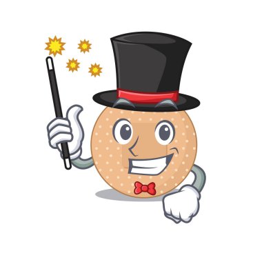 Yuvarlak bandajlı, karikatür tasarımı tarzında zeki bir sihirbaz. Vektör illüstrasyonu