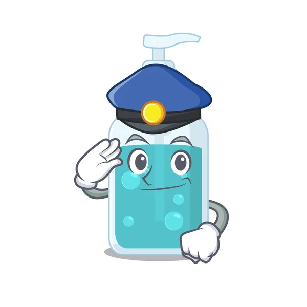 Policejní důstojník karikatura kreslení rukou dezinfekci na sobě modrý klobouk — Stockový vektor