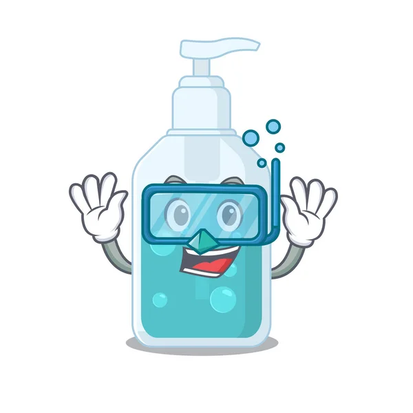 Hand sanitizer mascot design swims with diving glasses — Stock Vector