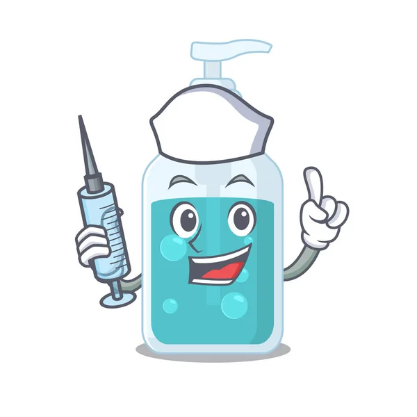 Hand sanitizer humble nurse mascot design with a syringe — Stock Vector