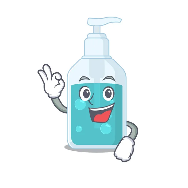 Mano desinfectante mascota diseño estilo mostrando gesto Okay dedo — Archivo Imágenes Vectoriales