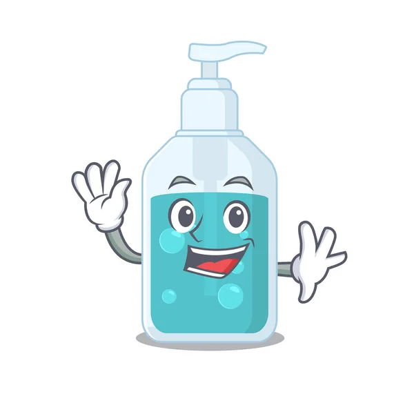 Un affascinante mano disinfettante stile mascotte design sorridente e agitando la mano — Vettoriale Stock