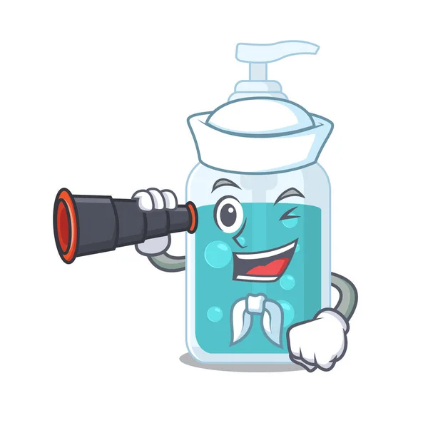 A cartoon picture of hand sanitizer Sailor using binocular — Stock Vector