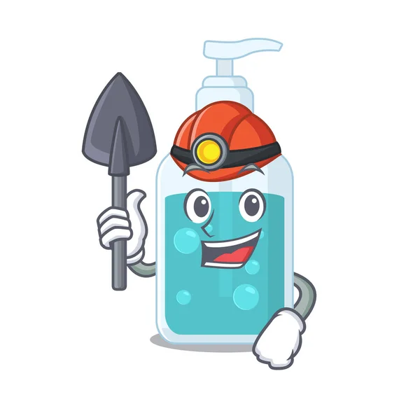Una foto cartone animato di mano igienizzante minatore con strumento e casco — Vettoriale Stock