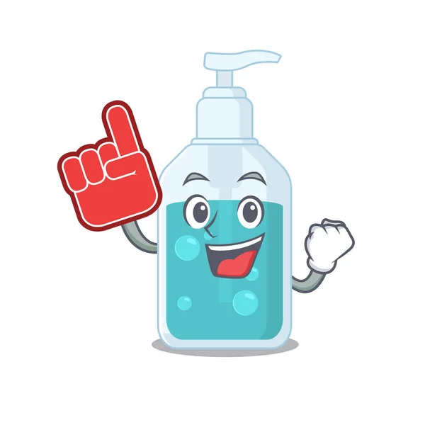 Hand sanitizer in cartoon drawing character design with Foam finger — Stock Vector