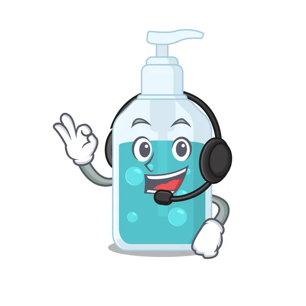 A stunning hand sanitizer mascot character concept wearing headphone — Stock Vector