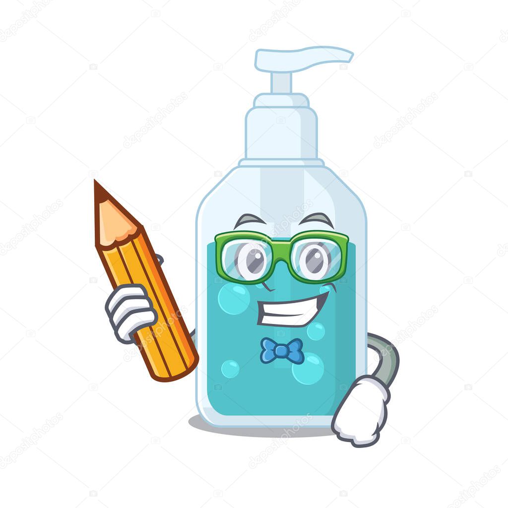 A clever student hand sanitizer cartoon character study at home