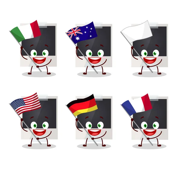 Svart polaroid tecknad karaktär föra flaggor i olika länder — Stock vektor