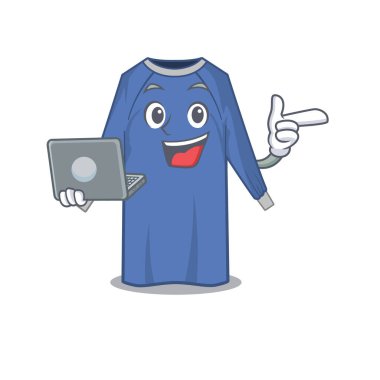 Evde dizüstü bilgisayarla ders çalışan tek kullanımlık kıyafetlerin akıllı çizgi film karakteri. Vektör illüstrasyonu