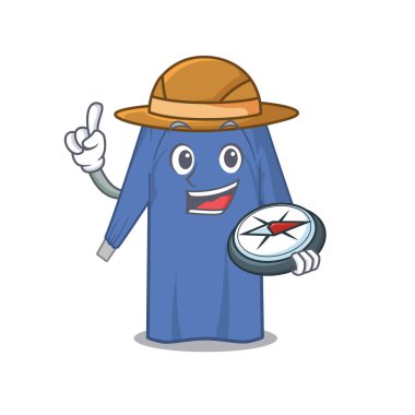 Ormanda pusula kullanan tek kullanımlık kıyafet kaşifi maskot tasarımı konsepti. Vektör illüstrasyonu