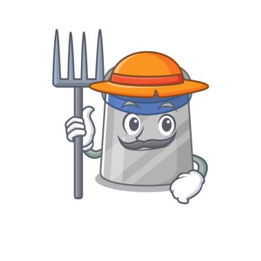 Yüz kalkanı maskotu tasarımı şapka takan bir çiftçi olarak çalışıyor. Vektör illüstrasyonu