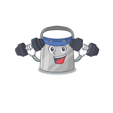 Yüz kalkanı maskotu tasarımı egzersiz sırasında halterleri kaldırmaktan mutluluk duyar. Vektör illüstrasyonu