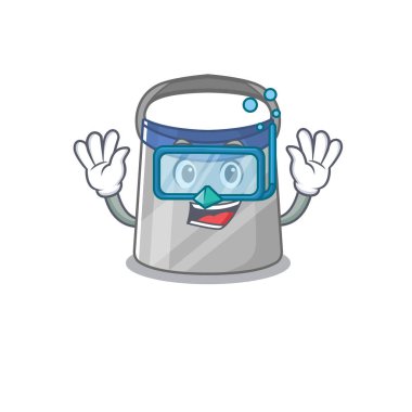 Yüz kalkanı maskotu tasarımı dalış gözlükleriyle yüzer. Vektör illüstrasyonu