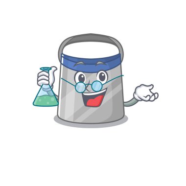 Yüz kalkanının karikatür karakteri zeki profesör bir laboratuvar üzerinde çalışıyor. Vektör illüstrasyonu