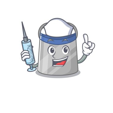 Yüz kalkanı, şırıngalı hemşire maskotu tasarımı. Vektör illüstrasyonu