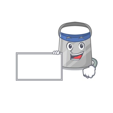 Çizgi film karakteri tasarımı, yüz kalkanı bir tahta tutuyor. Vektör illüstrasyonu