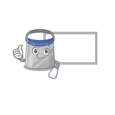 Parmak yukarı parmaklı yüz kalkanı çizgi film tasarımı beyaz bir tahta getirin. Vektör illüstrasyonu