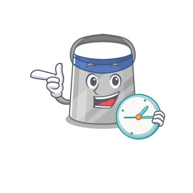 Maskot stili yüz kalkanı elinde saatle ayakta duruyor. Vektör illüstrasyonu