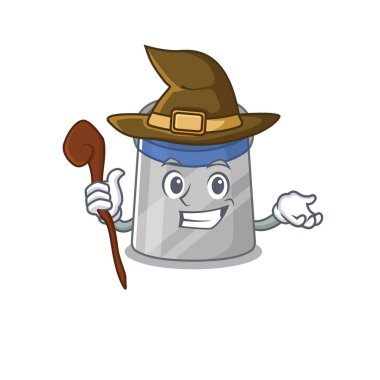 Yüz kalkanı komik ama sinsi bir cadı çizgi film karakteri tasarımı. Vektör illüstrasyonu