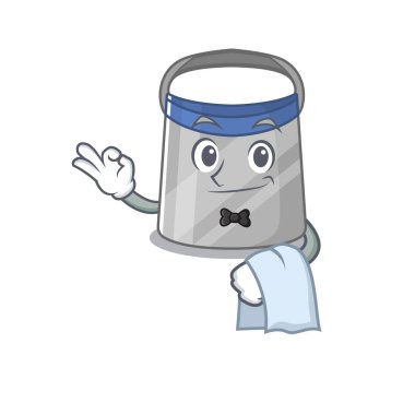 Beyaz peçeteli yüz zırhlı garsonun karikatür resmi. Vektör illüstrasyonu