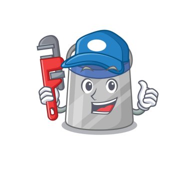 Çizgi film karakteri tasarımı. Yüz kalkanı, aletli bir tesisatçı olarak tasarlanmış. Vektör illüstrasyonu