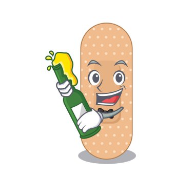 Standart bandajlı bir karikatür tasarımı bir şişe şarapla tezahürat yapar.