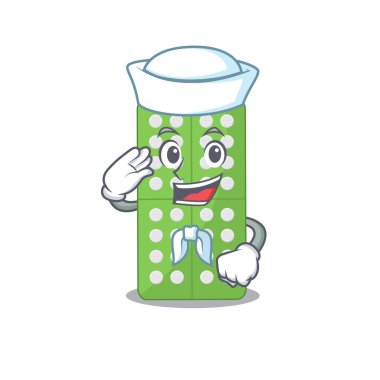 Cesur bir denizci karikatür tasarımı. İlaç hapları denize açılmaya hazır.