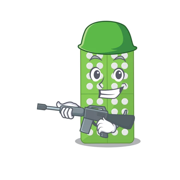 Une charmante médecine militaire pilules dessin animé style d'image ayant une mitrailleuse — Image vectorielle