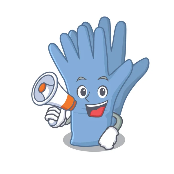 Diseño de la mascota de guantes médicos anunciando nuevos productos en un megáfono — Archivo Imágenes Vectoriales