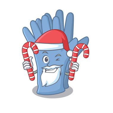 Noel Baba çizgi film karakteri gibi giyinmiş, Noel şekerli dostane tıbbi eldivenler.