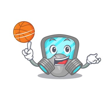Basketbolla solunum maskesi tasarlanmış spor çizgi film maskotu.