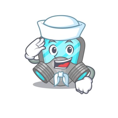 Gülen denizci çizgi film karakteri, solunum maskesi, beyaz şapka ve kravat takıyor.