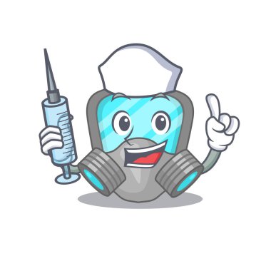 Solunum maskesi. Mütevazı hemşire maskotu tasarımı. Şırıngayla.