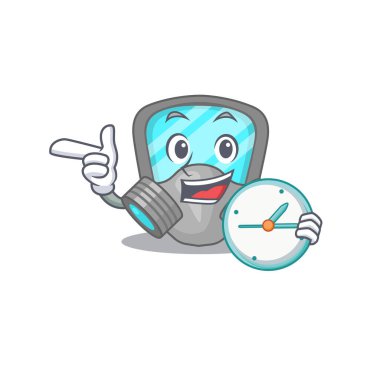 Maskot tasarım tarzı solunum maskesi elinde saatle ayakta duruyor