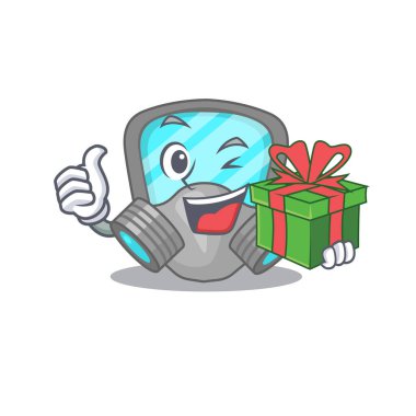 Büyük bir hediye kutusu olan neşeli solunum maskeli çizgi film karakteri.