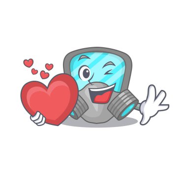 Büyük bir kalp taşıyan tatlı bir solunum maskesi çizgi film karakteri.