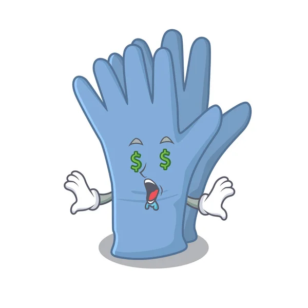Ricco personaggio dei cartoni animati concetto di guanti medici con occhi di soldi — Vettoriale Stock