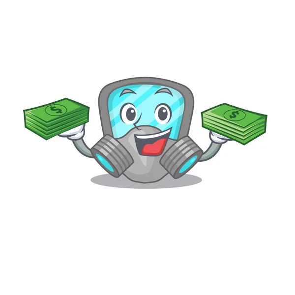 Un rico personaje de dibujos animados máscara respirador con mucho dinero — Vector de stock