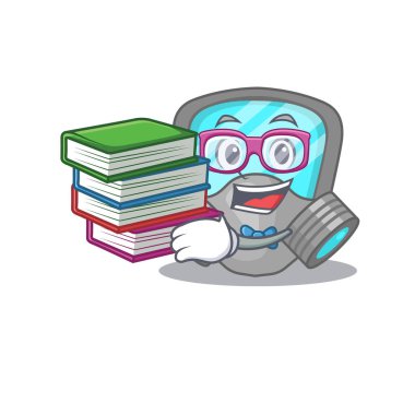 Solunum maskesi tasarımı konseptinde çalışkan bir öğrenci birçok kitap okudu.