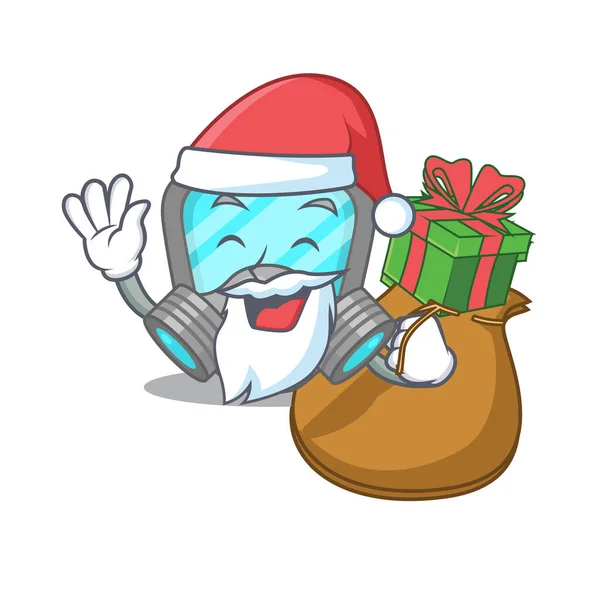 Dibujos animados de diseño de la máscara respiratoria Santa tiene regalo de Navidad — Vector de stock