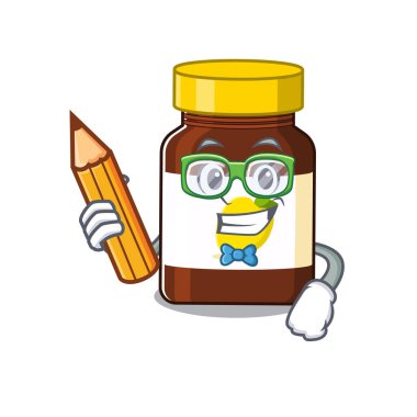 Akıllı bir öğrenci şişesi C vitamini çizgi film karakteri çalışması.