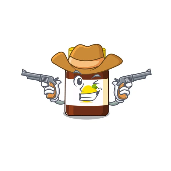 Cartoon character cowboy of bottle vitamin c with guns — Stock Vector