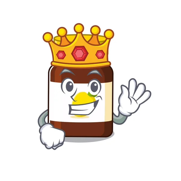 Um rei sábio de garrafa vitamina c estilo de design mascote com coroa de ouro — Vetor de Stock