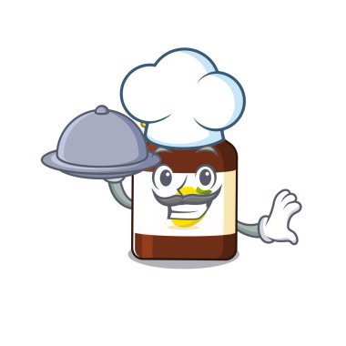 Maskot dizaynı C vitamini şefi tepside yemek servis ediyor.