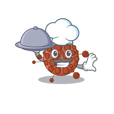 Maskot karakteri tarzı neisseria şefi tepside yemek servisi yapıyor.