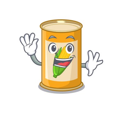 Büyüleyici bir mısır tenekesi maskot tasarımı gülümseme ve el sallama